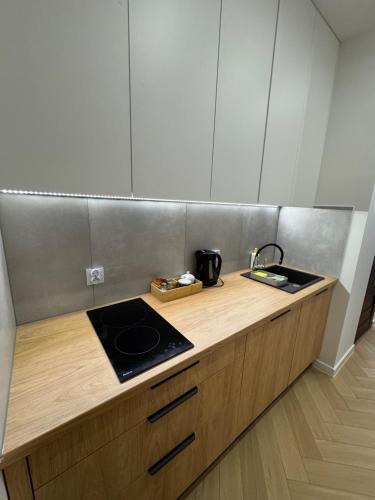a kitchen with a counter with a stove and a sink at Aparthotel Riva in Zawiercie