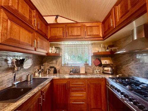 a kitchen with wooden cabinets and a sink and a stove at Piccolo Paradiso in Chiusanico