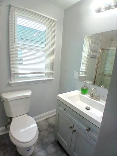 a bathroom with a white toilet and a sink at Soothing Private Room in Washington DC in Washington, D.C.
