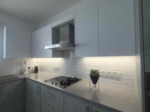 a kitchen with white cabinets and a plant on the counter at La Vie Royale in Nicosia