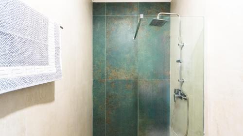 a shower with a glass door in a bathroom at Shallow house in Lefkímmi