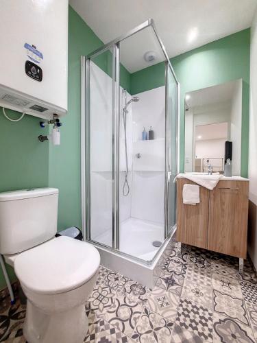 a bathroom with a shower and a toilet and a sink at Les Arcades - Mirande Centre in Mirande