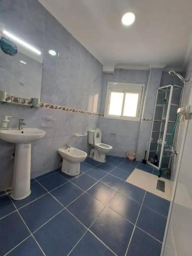 a bathroom with a sink and a toilet and a shower at Apparemment familiale in Martil
