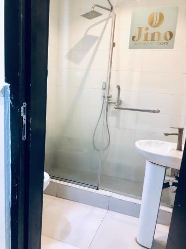 a bathroom with a shower and a sink at Emily Apartment in Lagos