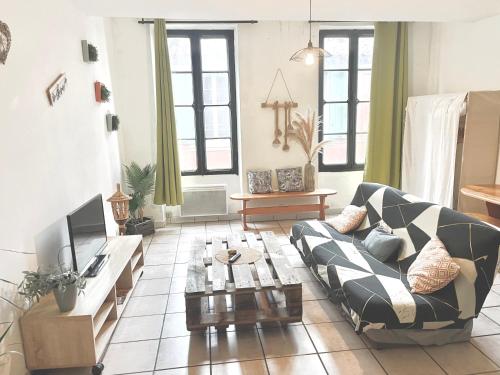 a living room with a couch and a tv at Appartements Centre in Carcassonne