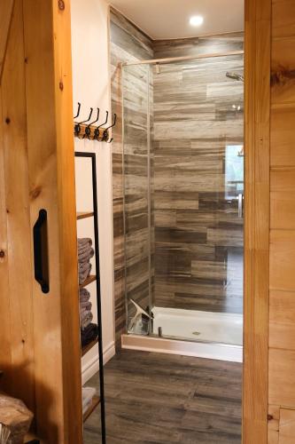 a shower in a bathroom with a wooden wall at Chalet Vallée Bras-du-Nord I in Saint-Raymond