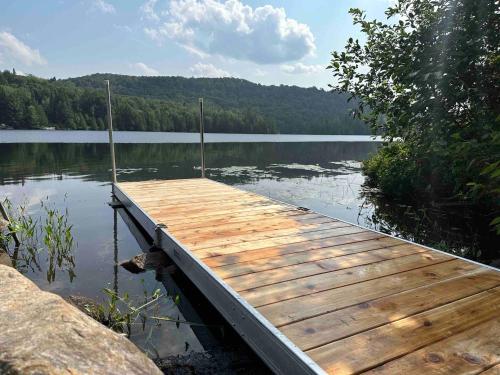a wooden dock sitting on top of a lake at Chalet De l'Escapade hot tub Lakeview kayaks in Entrelacs