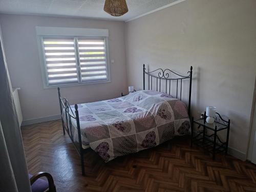 una camera da letto con un letto con un piumone e una finestra di Maison rénovée a Dole