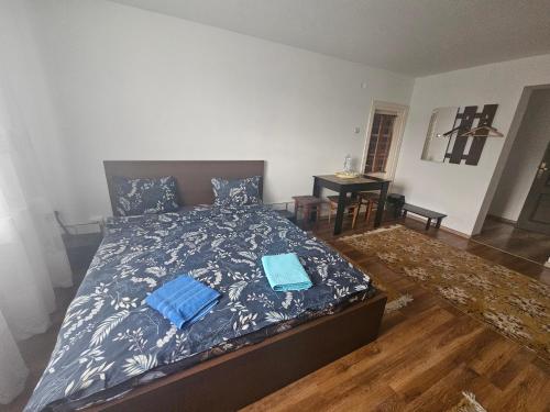 a bedroom with a bed with blue sheets and a table at Podgoria Guesthouse- Camere de închiriat in Oradea