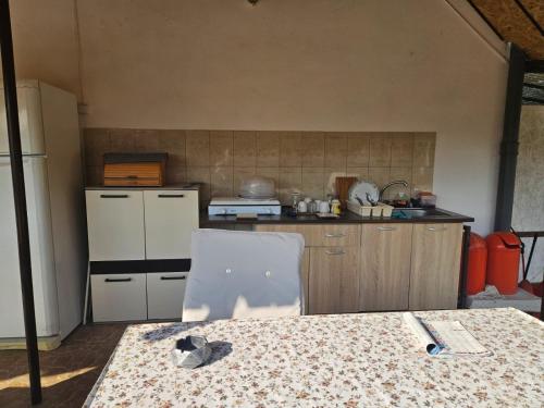 a kitchen with a table and a white refrigerator at Podgoria Guesthouse- Camere de închiriat in Oradea