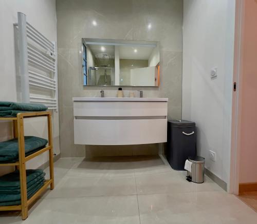 a bathroom with a sink and a mirror at La grange du château Favor in Bourg-de-Péage