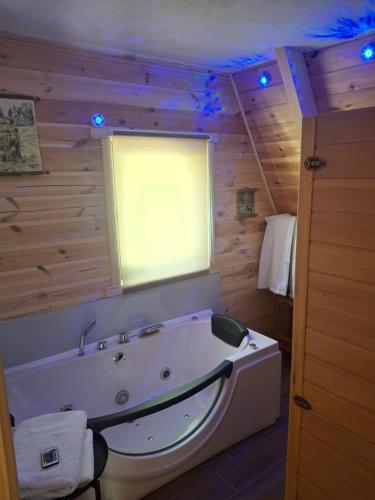 a large bath tub in a room with a window at Spa villas Higo in Žabljak
