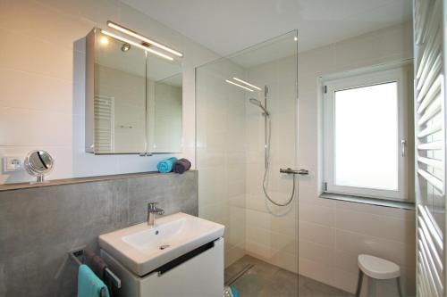オーベルストドルフにあるAlpenflair Ferienwohnungen Whg 101+213のバスルーム(シンク、シャワー、鏡付)