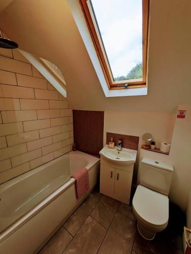 a bathroom with a toilet and a tub and a sink at Detached House with Gated Parking in Whalley Range, Near Manchester City Centre in Manchester