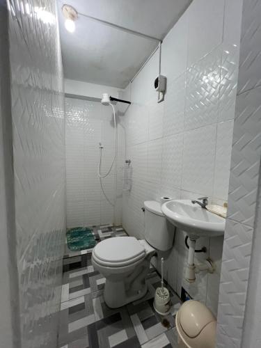 a white bathroom with a toilet and a sink at Central Apartment - Plaza de Armas, Rioja in Rioja