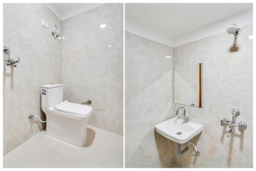 two pictures of a bathroom with a toilet and a sink at Hotel O Heaven in Gwalior