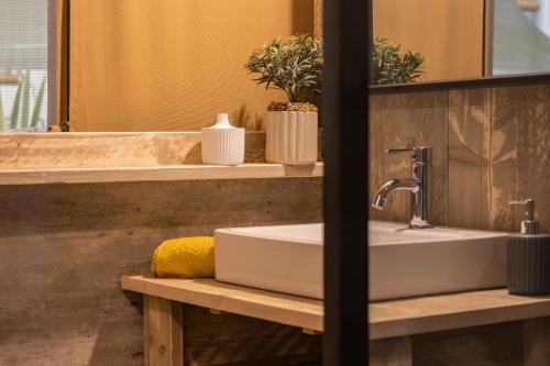 a bathroom with a sink and a mirror at Camping Site de Gorge Vent in Fréjus