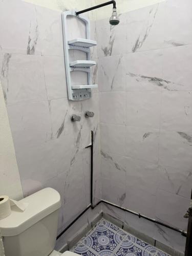 a white bathroom with a toilet and a shower at Mini Departmento in Jiutepec