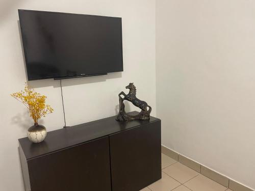 un armadio nero con una televisione appesa a un muro di DK Lodge a Kandy