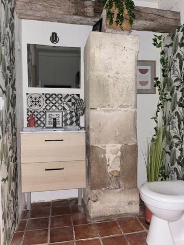 a bathroom with a sink and a toilet at Le Mas Réolais in Saint-Sève