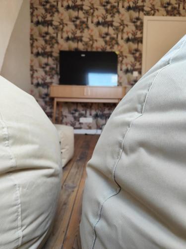 a living room with two white couches and a tv at vakantiewoning 't Rijhuys in Diksmuide