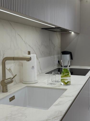a kitchen counter with a sink and a mixer at CASHMERE Apartment - Airport Katowice-Pyrzowice in Siewierz