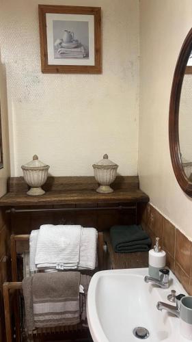 a bathroom with a sink and a mirror at Petite maison de brocanteur à Charbonnières in Charbonnières-les-Bains