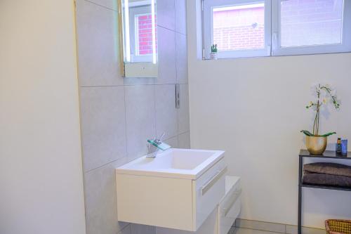 a white bathroom with a sink and two windows at Villa-gey Escape in Bekkevoort