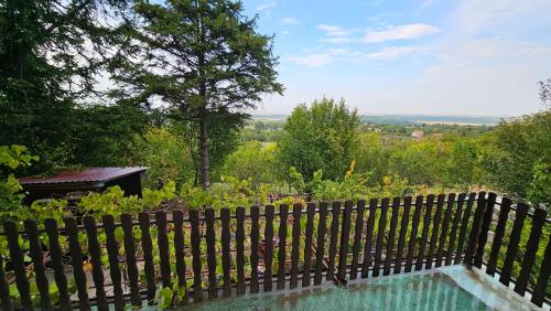 a wooden fence with a pool in a garden at Beška Sauna View in Beška