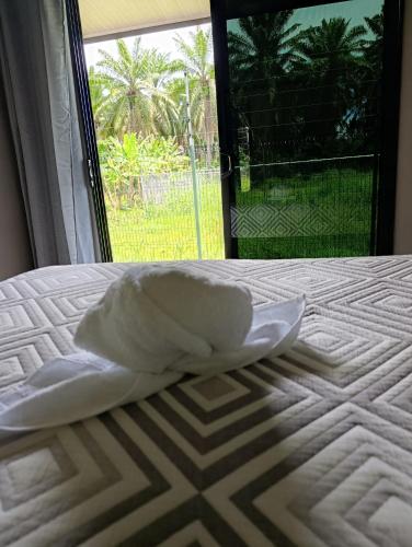 a white towel sitting on a bed with a window at Maracuyá Garden Casa in Parrita