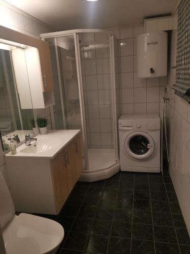 a bathroom with a sink and a washing machine at Korshamn in Lyngdal