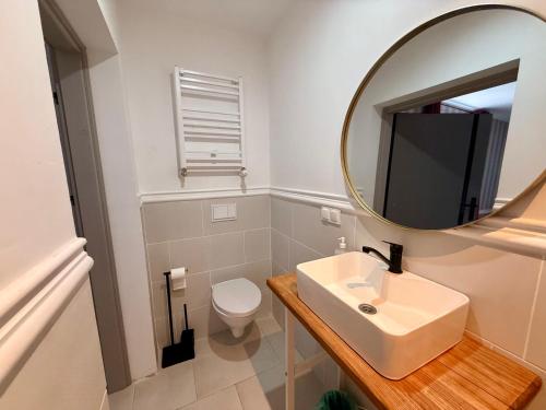 a bathroom with a sink and a mirror at Wrzosowy Zakątek 3 in Tuczno