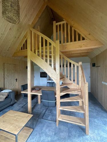 a loft bed in a room with a spiral staircase at Tiny house Steygheren in Stegeren