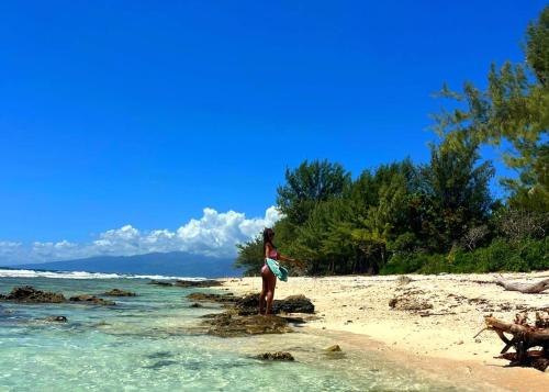 a woman standing on a beach near the water at Charmant logement avec accès privé à la plage in Moorea