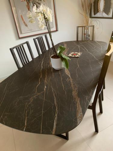 Una mesa de comedor de mármol negro con una planta encima. en Grand appartement avec vue mer imprenable et panoramique, en Cannes