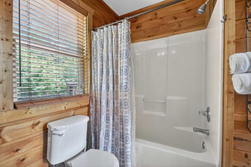 a bathroom with a white toilet and a shower at New Mtn Views Hot Tub Arcade Chess in Sautee Nacoochee