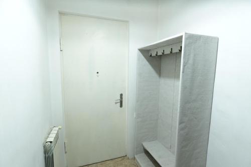 a white bathroom with a walk in shower next to a door at Peaceful Tbilisi Apartment Wifi in Tbilisi City