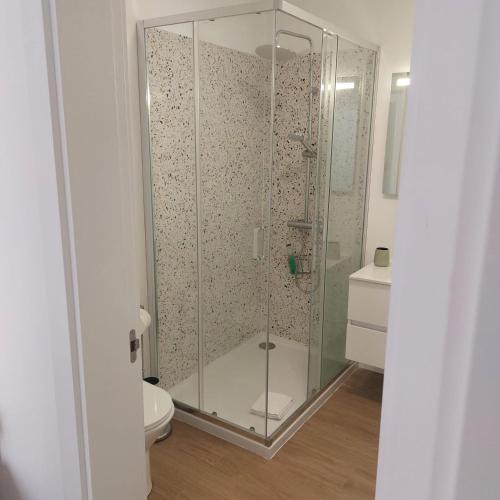 eine Glasdusche in einem Badezimmer mit Toilette in der Unterkunft Paradise Point Sea & Mountain view in Estreito da Calheta