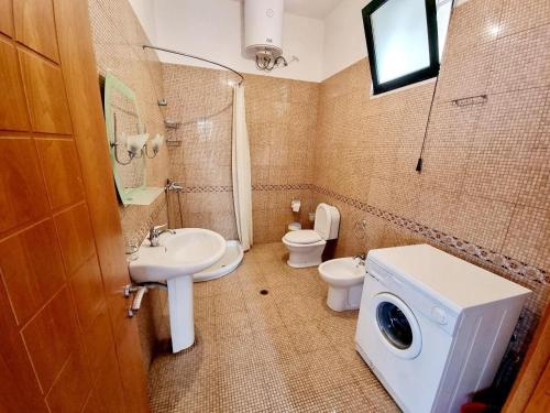 a bathroom with a toilet sink and a washing machine at Villa Lea Mare in Qeparo