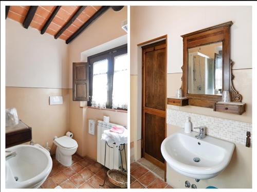 ein Badezimmer mit Waschbecken, Toilette und Spiegel in der Unterkunft AGRITURISMO Casale Il Caggio in Ciggiano