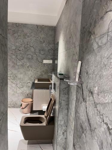 a bathroom with a toilet and a marble wall at Hotel Hill Park in Indore