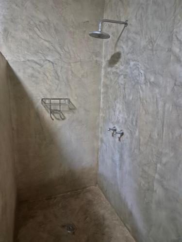 a shower in a bathroom with a stone wall at Boemsies in Jacobsdal