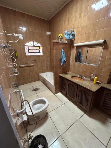 a bathroom with a toilet and a sink and a shower at Apartamento no centro in Presidente Venceslau