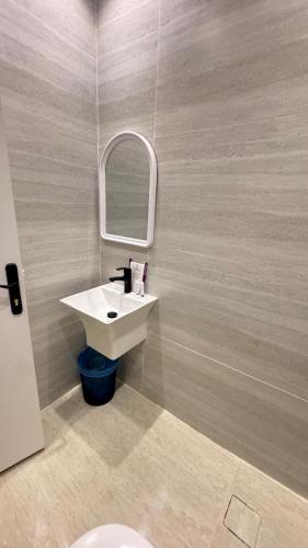 a bathroom with a sink and a mirror and a toilet at شقة حي الوزارات in Riyadh