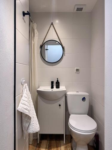 a bathroom with a toilet and a sink and a mirror at Chalupa pri Donovaloch so saunou in Motyčky