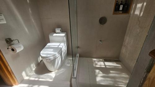 a bathroom with a toilet and a glass shower at Dreamcatcher Luxury in Santa Teresa Beach