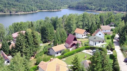 an aerial view of a house with a lake at Vlasina Nature Escape in Lujinska Mala