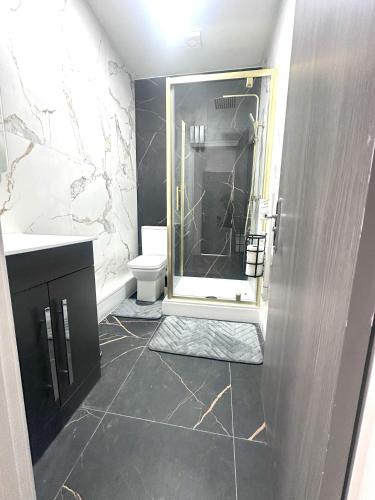 a bathroom with a shower and a toilet at 2 Bedroom Flat in Marlborough House Cardiff Centre in Cardiff