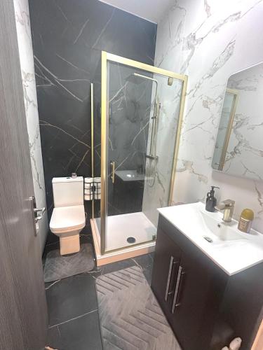 a bathroom with a shower and a toilet and a sink at 2 Bedroom Flat in Marlborough House Cardiff Centre in Cardiff