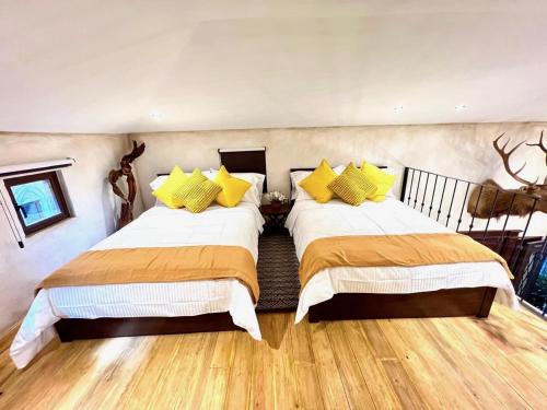 a bedroom with two beds with yellow pillows at Apolo en ValQuirico in Santeagueda